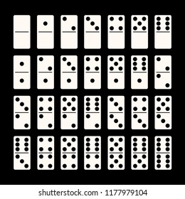 Creative vector illustration of realistic domino full set isolated on black background. Dominoes bones art design. Abstract concept 28 pieces for game graphic element.