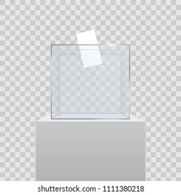 Creative Vector Illustration Of Realistic Empty Transparent Ballot Box With Voting Paper In Hole Isolated On Background. Art Design Glass Case Is On Museum Pedestal, Stage, 3d Podium. Concept Graphic