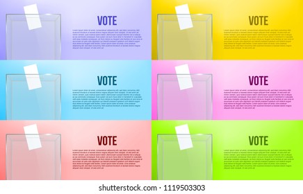 Creative vector illustration of realistic empty transparent ballot box with voting paper in hole isolated on background. Art design glass case is on museum pedestal, stage, 3d podium. Concept graphic