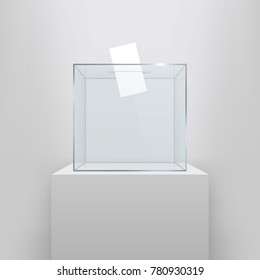 Creative Vector Illustration Of Realistic Empty Transparent Ballot Box With Voting Paper In Hole Isolated On Background. Art Design Glass Case Is On Museum Pedestal, Stage, 3d Podium. Concept Graphic.