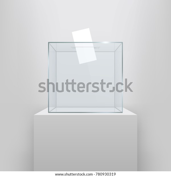 Creative vector illustration of realistic empty\
transparent ballot box with voting paper in hole isolated on\
background. Art design glass case is on museum pedestal, stage, 3d\
podium. Concept\
graphic.