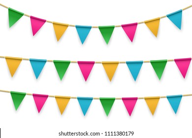 Creative vector illustration of realistic flag, buntings garland with shadow isolated on transparent background. Art design celebrate party invitation template. Abstract concept graphic element