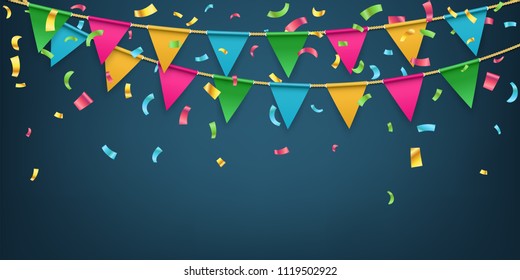 Creative vector illustration of realistic flag, buntings garland with shadow isolated on transparent background. Art design celebrate party invitation template. Abstract concept graphic element