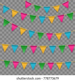 Creative vector illustration of realistic flag, buntings garland with shadow isolated on transparent background. Art design celebrate party invitation template. Abstract concept graphic element.