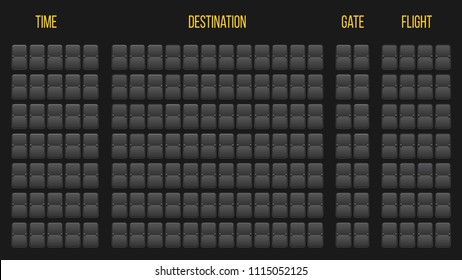 Creative vector illustration of realistic flip scoreboard, arrival airport board with alphabet, numbers isolated on transparent background. Art design. Analog timetable font. Concept graphic element