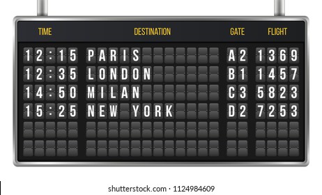Creative vector illustration of realistic flip scoreboard, arrival airport board with alphabet, numbers isolated on transparent background. Art design. Analog timetable font. Concept graphic element