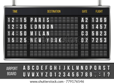 Creative vector illustration of realistic flip scoreboard, arrival airport board with alphabet, numbers isolated on transparent background. Art design. Analog timetable font. Concept graphic element.