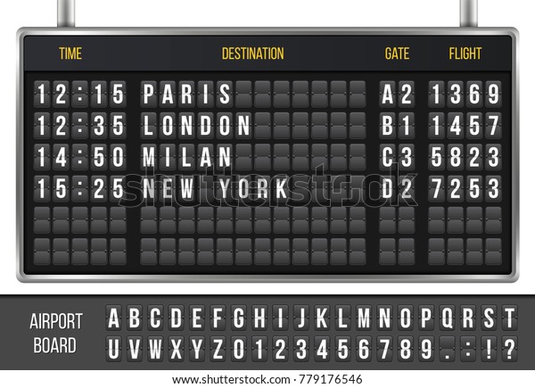 Creative vector illustration of realistic flip\
scoreboard, arrival airport board with alphabet, numbers isolated\
on transparent background. Art design. Analog timetable font.\
Concept graphic\
element.