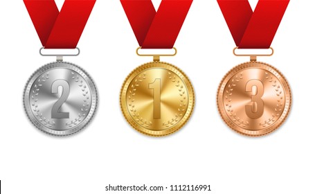 Creative vector illustration of realistic gold, silver and bronze medal set on colorful ribbon isolated on transparent background. Art design placement in sport competition contest. Graphic element