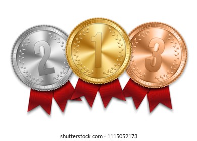 Creative vector illustration of realistic gold, silver and bronze medal set on colorful ribbon isolated on transparent background. Art design placement in sport competition contest. Graphic element