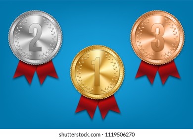 Creative vector illustration of realistic gold, silver and bronze medal set on colorful ribbon isolated on transparent background. Art design placement in sport competition contest. Graphic element