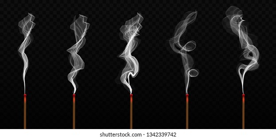 Creative vector illustration of realistic incense stick aroma with smoke isolated on transparent background. Art design incense burning. Abstract concept Chinese New Year graphic element