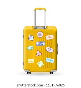 Creative vector illustration of realistic large polycarbonate travel plastic suitcase with wheels isolated on transparent background. Art design traveler luggage. Abstract concept graphic element