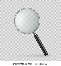 Creative vector illustration of realistic magnifying glass isolated on transparent background. Art design search, inspection symbol. Abstract concept magnifier zoom, tool with hand lens element