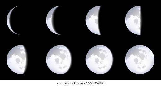 Creative vector illustration of realistic moon phases schemes isolated on transparent background. Art design lunar calendar. Different stages of moonlight activity. Abstract concept graphic element.