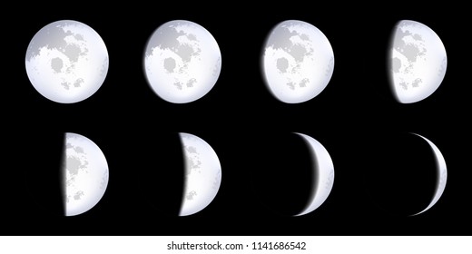 Creative vector illustration of realistic moon phases schemes isolated on transparent background. Art design lunar calendar. Different stages of moonlight activity. Abstract concept graphic element.