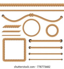 Ilustración vectorial creativa de nudos de cuerda realistas torcidos náuticos, bucles para la decoración y recubrimiento aislado sobre fondo transparente. Diseño de arte retro. Elemento gráfico conceptual abstracto.