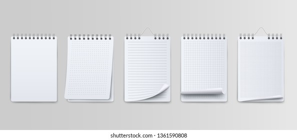 Creative vector illustration of realistic notebooks lined and dots paper page isolated on transparent background. Art design clean spiral notepad blank mockup template.