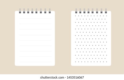 Creative vector illustration of realistic notebooks lined and dots paper page isolated on transparent background. Art design clean spiral notepad blank mockup template. Abstract graphic element