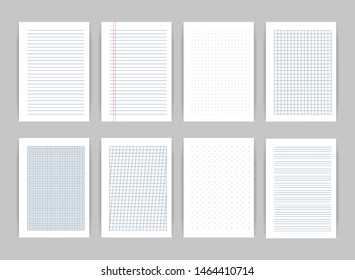 Creative vector illustration of realistic notebooks lined, squared and dots paper page isolated on grey background