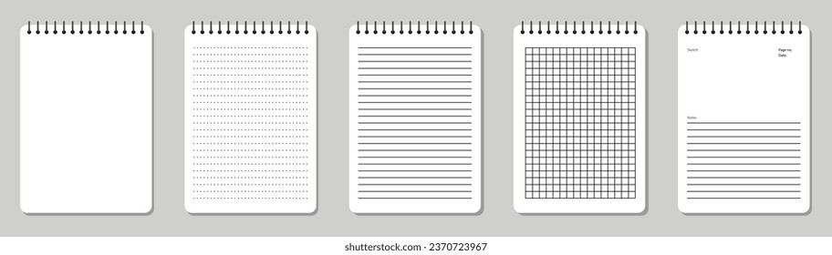 Creative vector illustration of realistic notebooks lined and dots paper page isolated on transparent background. Art design clean spiral notepad blank mockup template. Abstract graphic element
