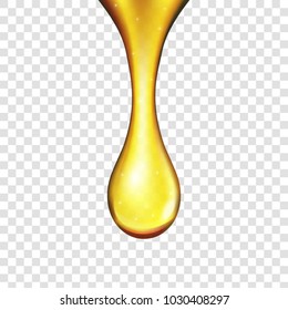 Creative vector illustration of realistic olive fuel golden liquid, yellow oil drop, sparkling collagen, honey isolated on transparent background. Art design. Abstract concept graphic element