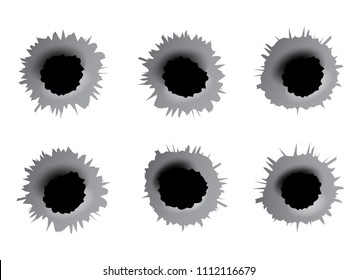 Creative vector illustration of realistic shot gun bullets, holes isolated on transparent background. Art design different gunshot and caliber of weapon. Abstract concept graphic gun ammo element
