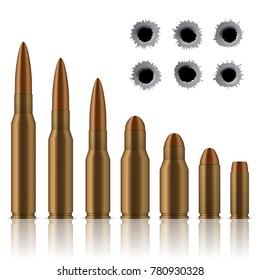 Creative vector illustration of realistic shot gun bullets, holes isolated on transparent background. Art design different gunshot and caliber of weapon. Abstract concept graphic gun ammo element.