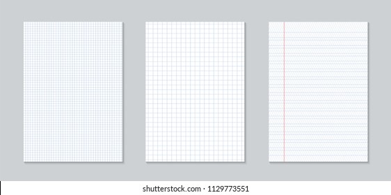 Creative vector illustration of realistic square, lined paper blank sheets set isolated on transparent background. Art design lines, grid page notebook with margin. Abstract concept graphic element