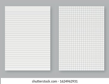 Creative vector illustration of realistic square, lined paper blank sheets. Art design lines, grid page notebook with margin.