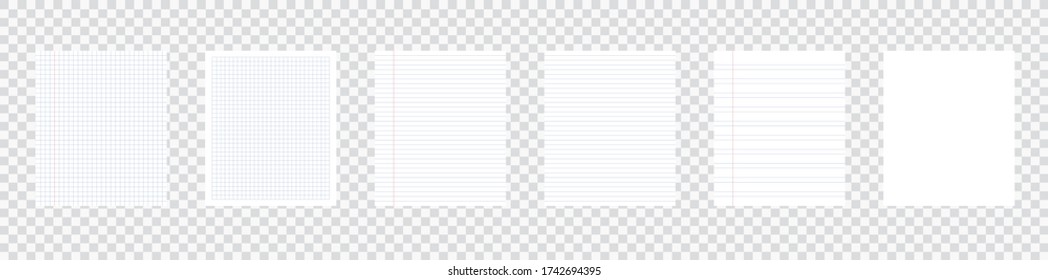 Creative vector illustration of realistic square, lined paper blank sheets set isolated on transparent background. Art design lines, grid page notebook with margin. Abstract concept graphic element