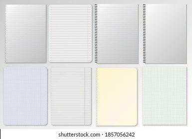 Ilustración vectorial creativa de hojas cuadradas y en blanco de papel realistas. Papeles aislados de vectores a4 con rejilla de líneas. Cuaderno de páginas de cuadrícula con margen. Plantilla de papeles de mordaza. Resumen del concepto