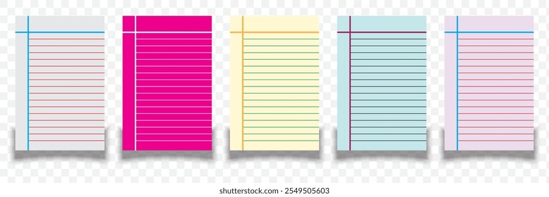 Creative vector illustration of realistic square, lined paper blank sheets set isolated on transparent background. Art design lines, grid page notebook with margin. EPS 10.