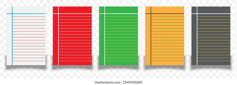 Creative vector illustration of realistic square, lined paper blank sheets set isolated on transparent background. Art design lines, grid page notebook with margin. EPS 10.