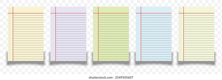 Creative vector illustration of realistic square, lined paper blank sheets set isolated on transparent background. Art design lines, grid page notebook with margin. EPS 10.