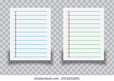 Creative vector illustration of realistic square, lined paper blank sheets set isolated on transparent background. Art design lines, grid page notebook with margin. Abstract concept graphic element