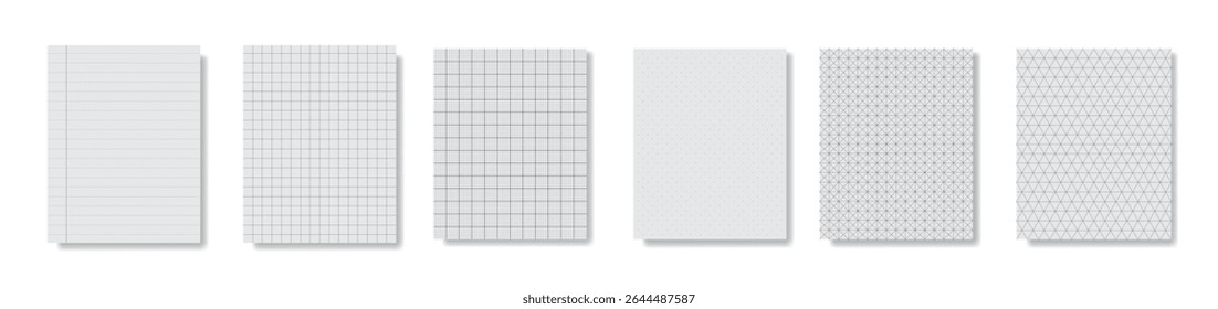 Creative vector illustration of realistic square, lined paper blank sheets set isolated on transparent background. Art design lines, grid page notebook with margin. Abstract concept graphic element