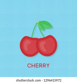 Creative vector illustration red Cherry. On blue background with paper textured. Paper art digital craft papercut style