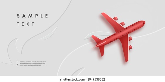 Creative vector illustration of red plane isolated on background. Top view realistic airplane. Travel art design of summer vacation. Copy space for you presentation