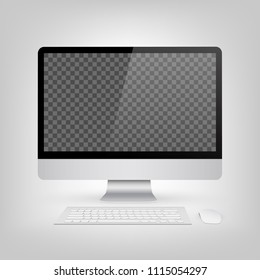 Creative vector illustration of render monitor mock up with blank screen isolated on the background. Computer display, mouse, keyboard. Art design. 3D Front view. Abstract concept graphic element