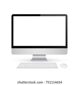 Creative vector illustration of render monitor mock up with blank screen isolated on the background. Computer display, mouse, keyboard. Art design. 3D Front view. Abstract concept graphic element.