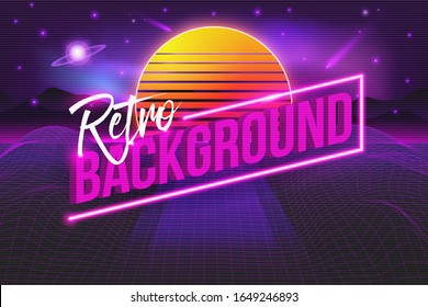 Creative vector illustration of retro grid, vaporwave background. Art design VR landscape, cyberpunk, synthwave. Sci-Fi retro wave. Abstract concept graphic futuristic planet, sunset, neon mountains.