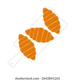 Creative vector illustration of salted baked bread, 3 croissants on a cutting board in a cute flat cartoon style. Suitable for bakery menu design, cafe, food packaging, or breakfast illustration.
