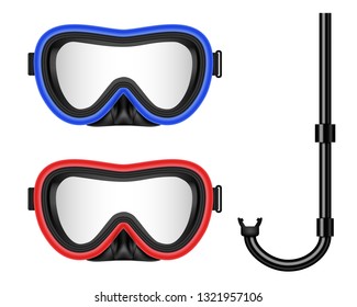 Creative vector illustration of scuba diving, swimming mask with snorkel, goggles, flippers isolated on transparent background. Art design realistic snorkeling diver equipment for summer holidays