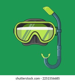 Creative vector illustration of scuba diving, swimming mask with snorkel, goggles, fins isolated on green background. Snorkel diver equipment art design for summer