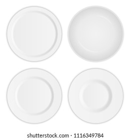 Creative vector illustration set of 3D white round realistic plate dish isolated on transparent background. Art design porcelain soup empty utensil, bowl. Abstract concept graphic dishware element