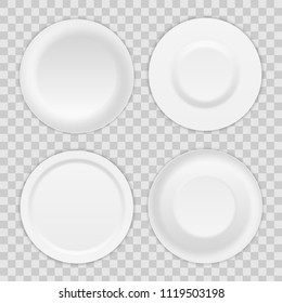 Creative vector illustration set of 3D white round realistic plate dish isolated on transparent background. Art design porcelain soup empty utensil, bowl. Abstract concept graphic dishware element