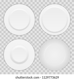 Creative vector illustration set of 3D white round realistic plate dish isolated on transparent background. Art design porcelain soup empty utensil, bowl. Abstract concept graphic dishware element