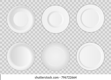 Creative vector illustration set of 3D white round realistic plate dish isolated on transparent background. Art design porcelain soup empty utensil, bowl. Abstract concept graphic dishware element.
