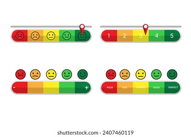 Creative vector illustration set of Emoticon customer satisfaction level survey, Vector dial gauges,  with emotional emoji faces from green to red and face icons. 